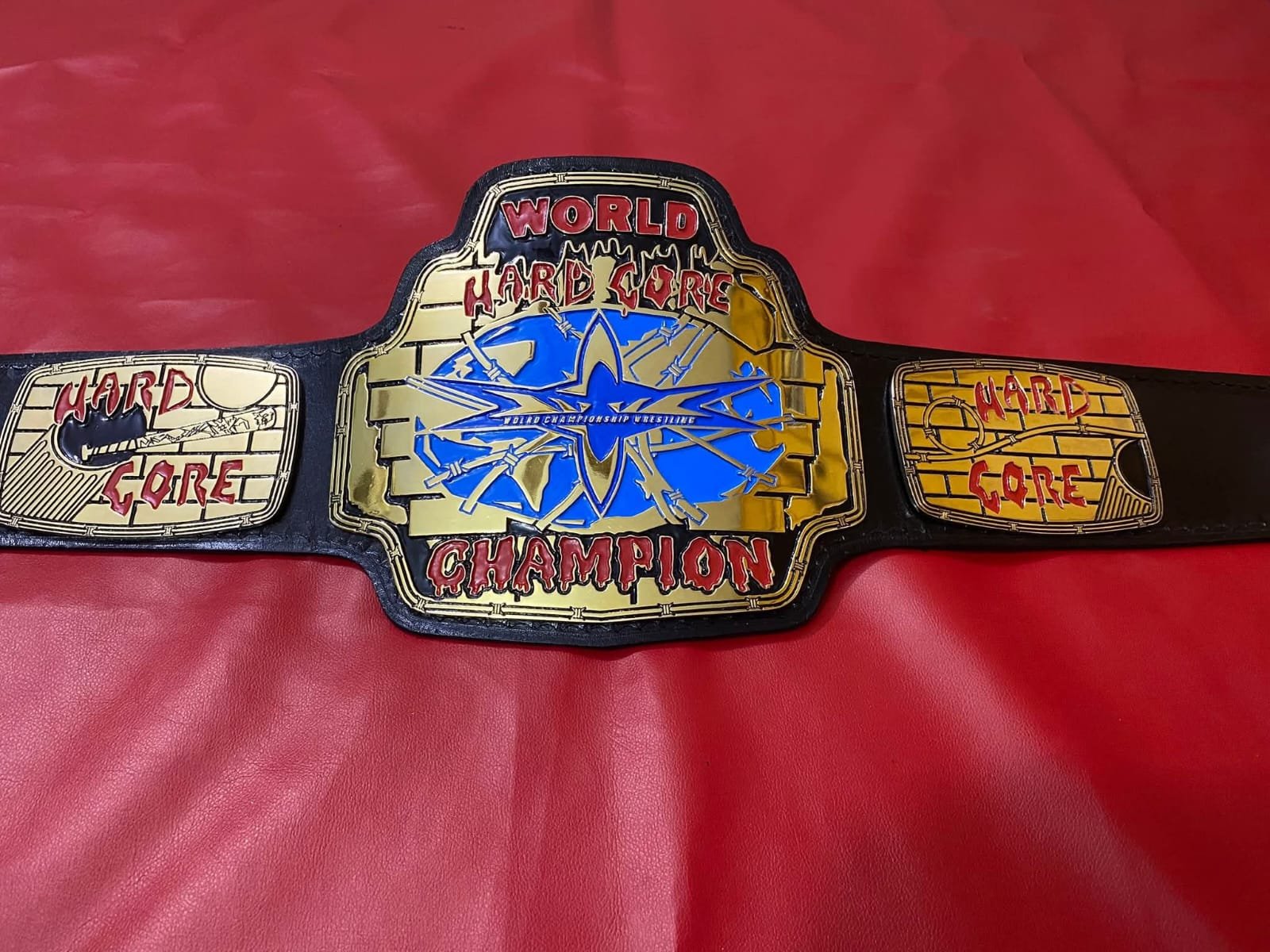 an_11 WCW World Hard Core Wrestling Belt 4mm zinc plates Real Leather Strap Replica Belt - Gold Plating - Genuine Leather