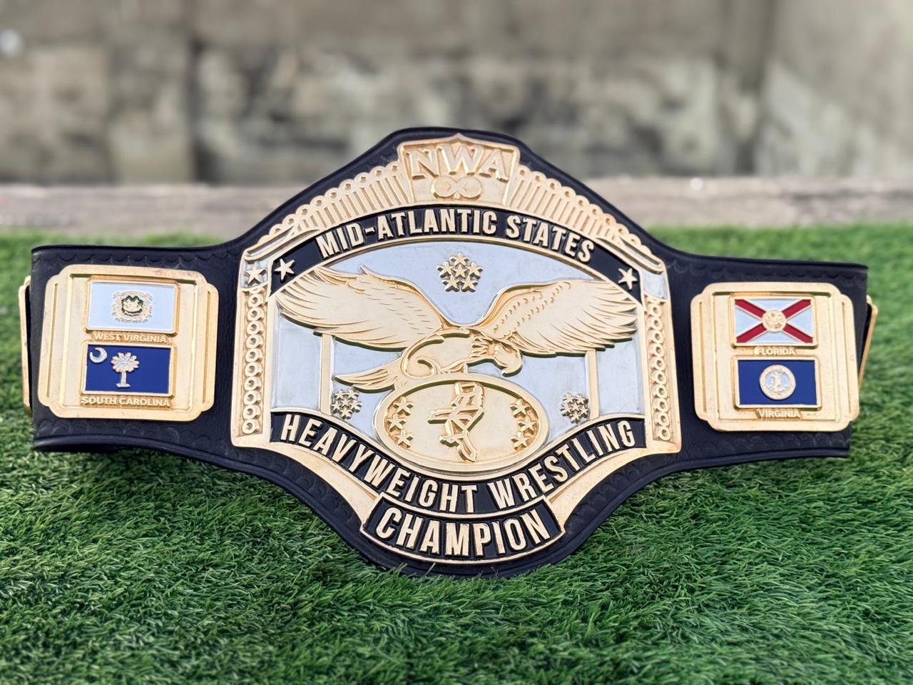ay_1 Premium CNC 3D NWA Mid-Atlantic Heavyweight Championship belt 24K Gold Dual Adults Size