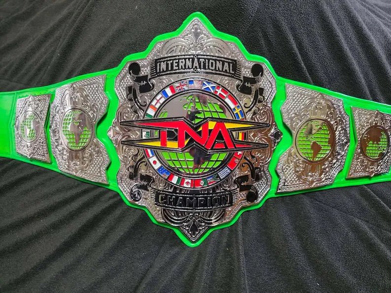 il_794xN.7793942069_5540-2 4MM Zinc TNA International Heavyweight Championship Title Belt with Custom Green Strap Adult Size.